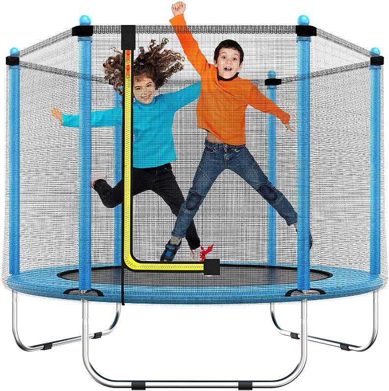 Photo 1 of 60" Trampoline for Kids - 5 Ft Indoor or Outdoor Mini Toddler Trampoline with Safety Enclosure, Basketball Hoop, Birthday Gifts for Kids, Gifts for Boy and Girl, Baby Toddler Trampoline Toys, Age 1-8
