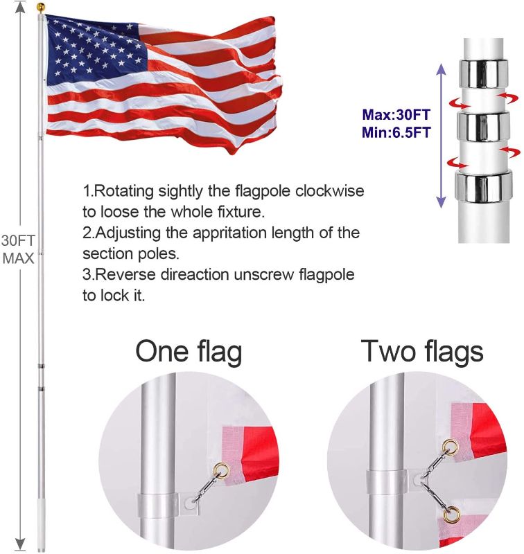 Photo 1 of 30FT Telescopic Flag Pole Kit, Extra Thick Heavy Duty Aluminum Telescoping Flagpole Fly 2 Flags, Outdoor Inground Large Flag Poles with 3x5 American Flag for Residential, Yard or Commercial, Silver
