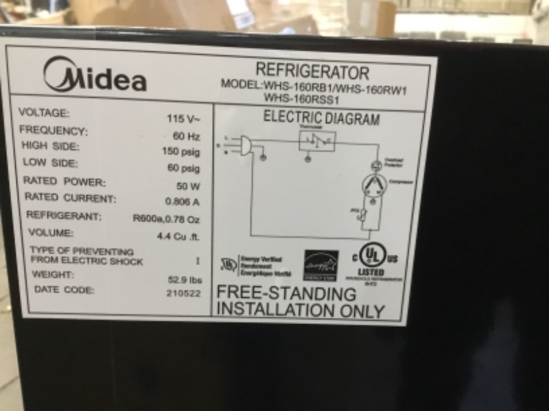 Photo 1 of Midea 4.4 Cu Ft Compact Refrigerator w/ Freezer WHS-160RB1, Black
