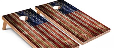 Photo 1 of American Flag Wooden Plank Design Cornhole Board Set w/Bean Bags and Carrying Case