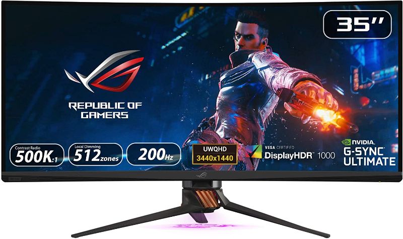 Photo 1 of Asus Rog Swift PG35VQ 35” Curved HDR Gaming Monitor 200Hz (3440 X 1440) 2ms G-Sync Ultimate Eye Care DisplayPort HDMI USB Aura Sync HDR10 Display HDR 1000,Black
