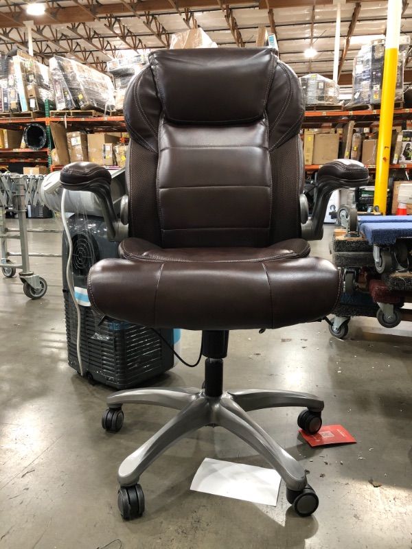 Photo 2 of AmazonCommercial Ergonomic High-Back Bonded Leather Executive Chair with Flip-Up Arms and Lumbar Support, Brown
