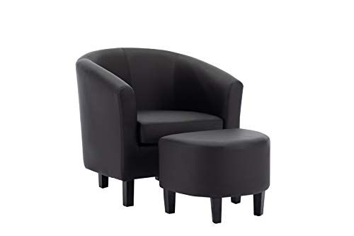 Photo 1 of Amazon Basics Barrel Accent Chair with Ottoman - Vegan Leather, Black
