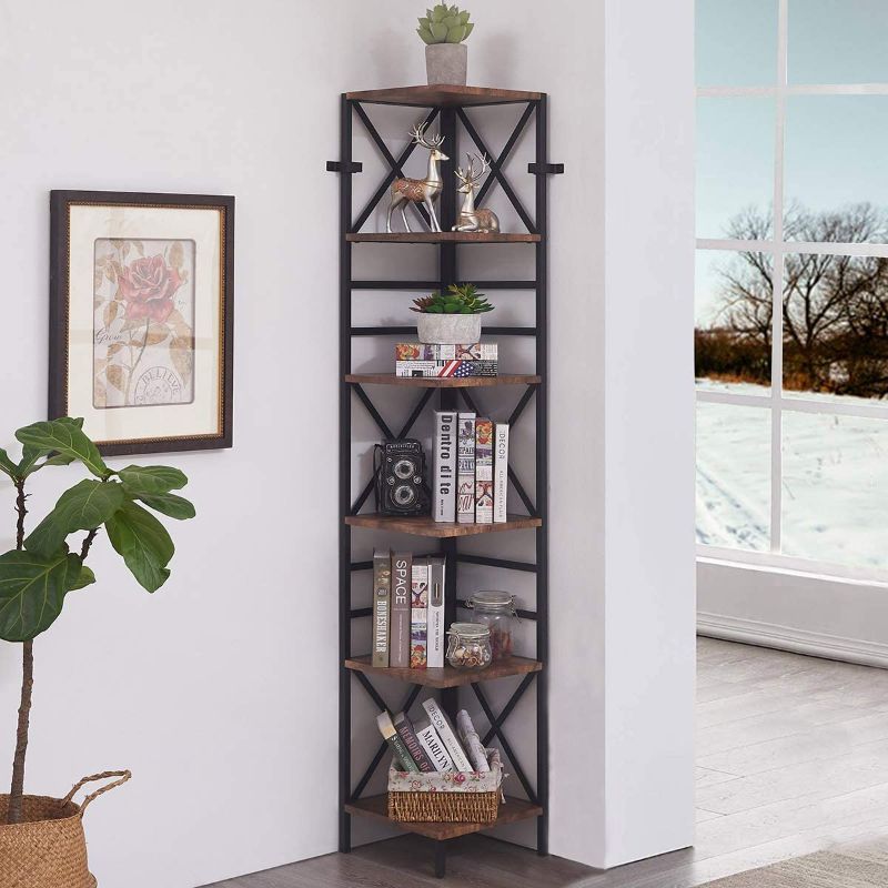 Photo 1 of Homissue 6 Tier Industrial Corner Shelf Unit, Tall Bookcase Storage Display Rack for Home Office, Rustic Brown
