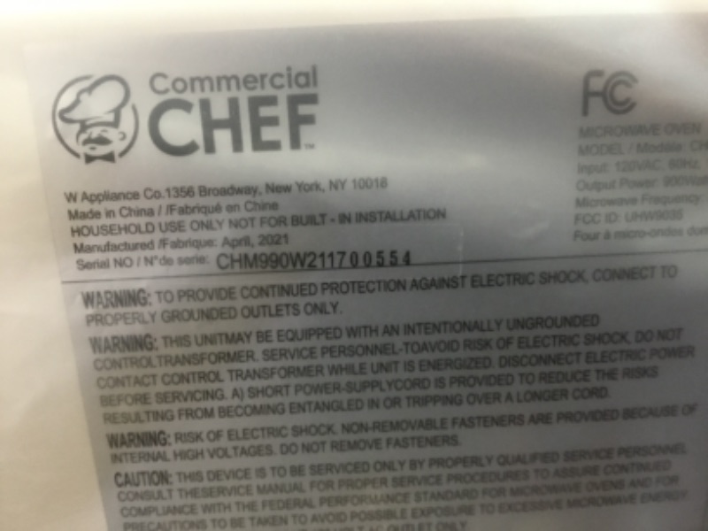 Photo 3 of **parts only ** Commercial Chef COMMERICAL CHEF 0.9 C.F. MICROWAVE WHITE