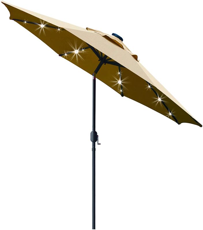 Photo 1 of Sunnyglade 9' Solar 24 LED Lighted Patio Umbrella with 8 Ribs/Tilt Adjustment and Crank Lift System (Light Tan)
