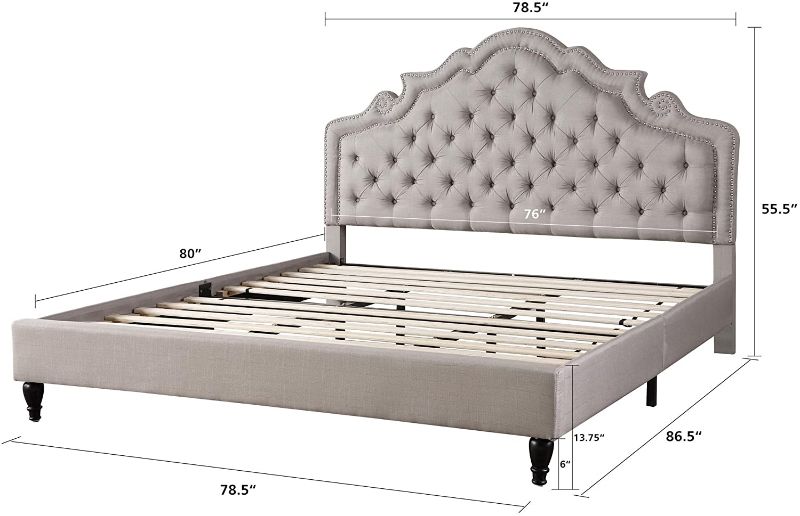 Photo 1 of *BOX 1 of 2, NOT COMPLETE* 
HomeLife Premiere Classics 51" Tall Platform Bed with Cloth Headboard and Slats - QUEEN (Light Grey Silver)
