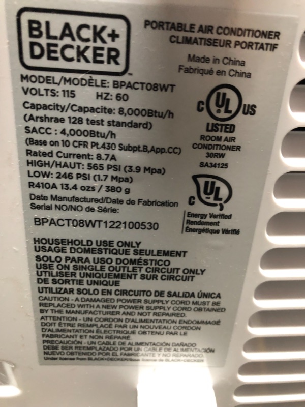 Photo 6 of *MISSING window bracket and drain hose* 
BLACK+DECKER BPACT08WT Portable Air Conditioner with Remote Control, 5,000 BTU DOE (8,000 BTU ASHRAE), Cools Up to 150 Square Feet, White

