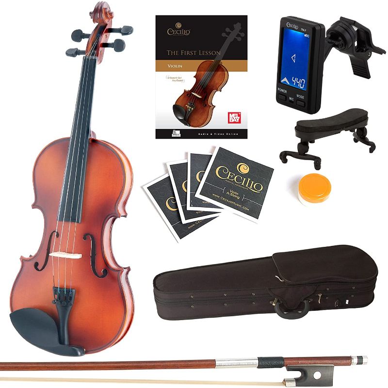 Photo 1 of *USED*
*2 strings are broken*
Mendini By Cecilio Violin For Kids & Adults - 4/4 MV300 Satin Antique, Student or Beginners Kit w/Case, Bow, Extra Strings, Tuner, Lesson Book - Stringed Musical Instruments
