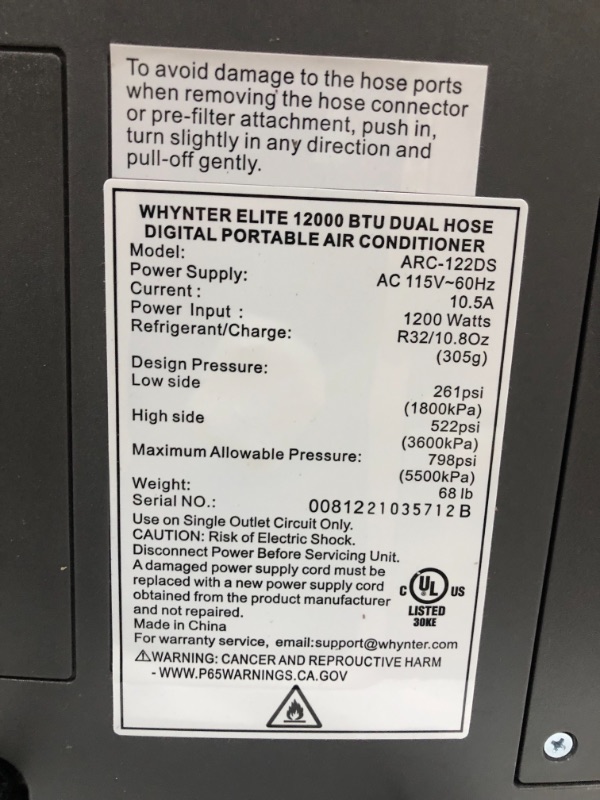 Photo 2 of Whynter Elite ARC-122DS 12,000 BTU Dual Hose Portable Air Conditioner, Dehumidifier, Fan with Activated Carbon Filter Plus Storage Bag for Rooms up to 400 sq ft, Multi
