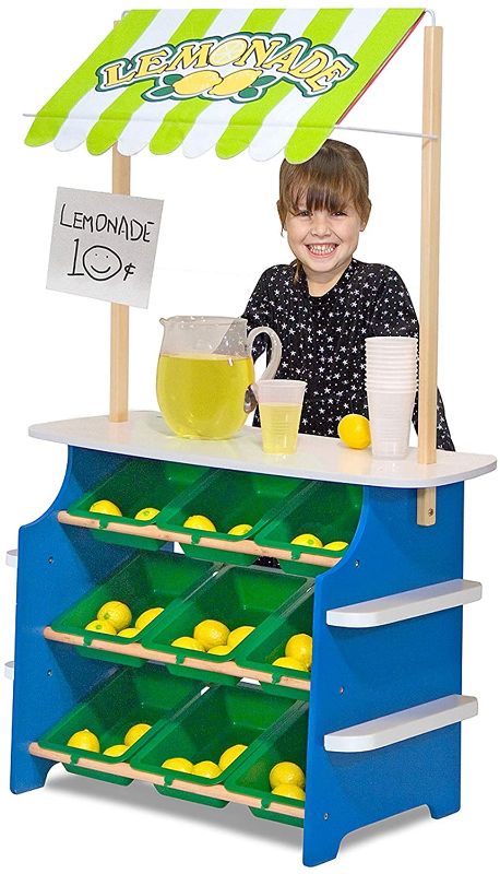 Photo 1 of Melissa & Doug Wooden Grocery Store and Lemonade Stand - Reversible Awning, 9 Bins, Chalkboards
