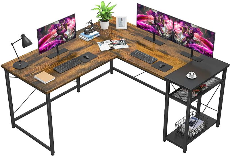 Photo 1 of Foxemart L-Shaped Computer Desk, Industrial Corner Desk Writing Study Table with Storage Shelves, Space-Saving, Large Gaming Desk 2 Person Table for Home Office Workstation, Rustic Brown/Black
