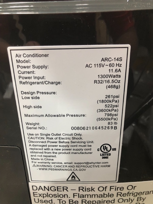 Photo 1 of Whynter ARC-14S 9500 BTU (14,000 BTU ASHRAE) Portable Air Conditioner Dual Hose
