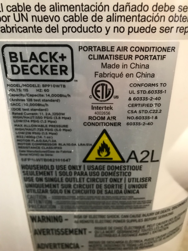 Photo 2 of BLACK+DECKER BPP10WTB Portable Air Conditioner with Remote Control, 10,000 BTU SACC/CEC (14,000 BTU ASHRAE), Cools up to 450 Square Feet, White
