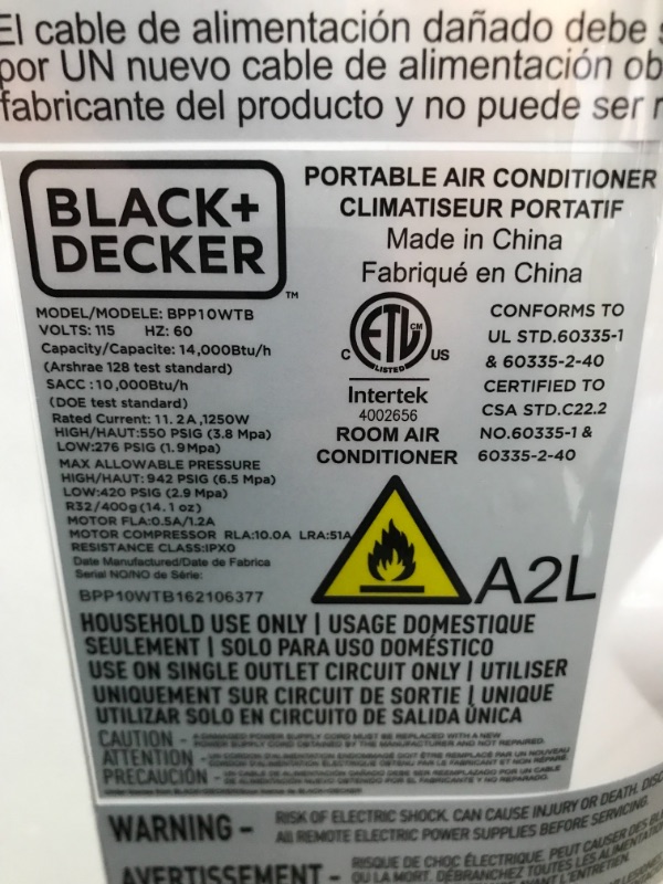 Photo 3 of BLACK+DECKER BPP10WTB Portable Air Conditioner with Remote Control, 10,000 BTU SACC/CEC (14,000 BTU ASHRAE), Cools up to 450 Square Feet, White
