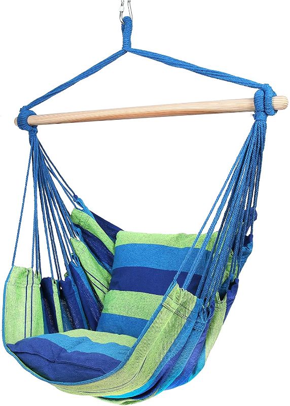 Photo 1 of Blissun Hanging Hammock Chair, Hanging Swing Chair with Two Cushions, 34 Inch Wide Seat Blue & Green Stripes (Blue & Green Stripes)
