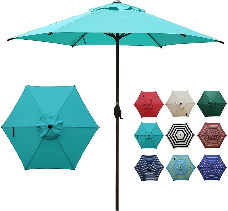 Photo 1 of Abba Patio 9ft Patio Umbrella Outdoor Umbrella Patio Market Table Umbrella with Push Button Tilt and Crank for Garden, Lawn, Deck, Backyard & Pool, Turquoise