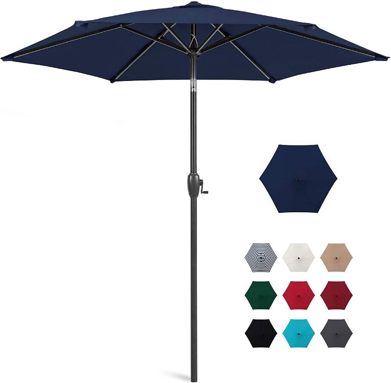 Photo 1 of 7.5ft Heavy-Duty Round Outdoor Market Patio Umbrella w/Steel Pole, Push Button Tilt, Easy Crank Lift - Navy Blue