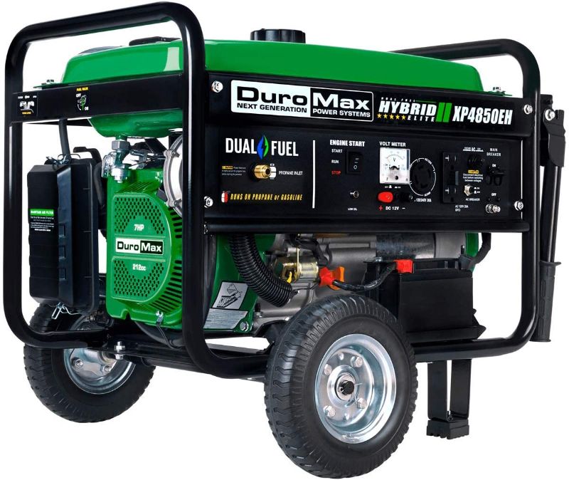 Photo 1 of DuroMax XP4850EH Generator-4850 Watt Gas or Propane Powered-Electric Start-Camping & RV Ready, 50 State Approved Dual Fuel Portable Generator, Green