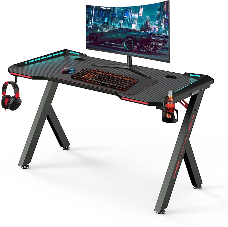 Photo 1 of Gaming Desk, 55 Inch Gaming Table with LED RGB Lights, PC Computer Workstation with Headphone Hook and Cup Holder for Home, Black