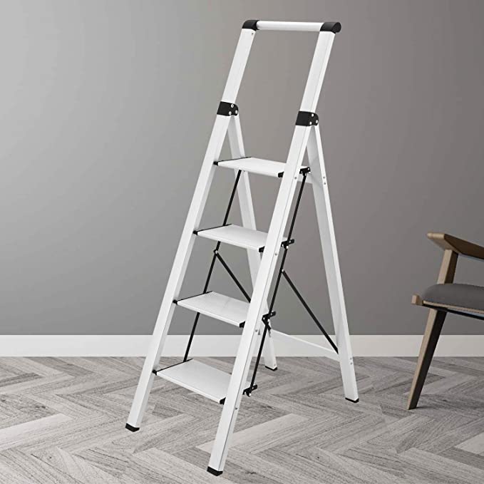 Photo 1 of 4 Steps Lightweight Aluminum Ladder Folding Step Stool Stepladders with Anti-Slip and Wide Pedal for Home and Kitchen Use Space Saving (Silver