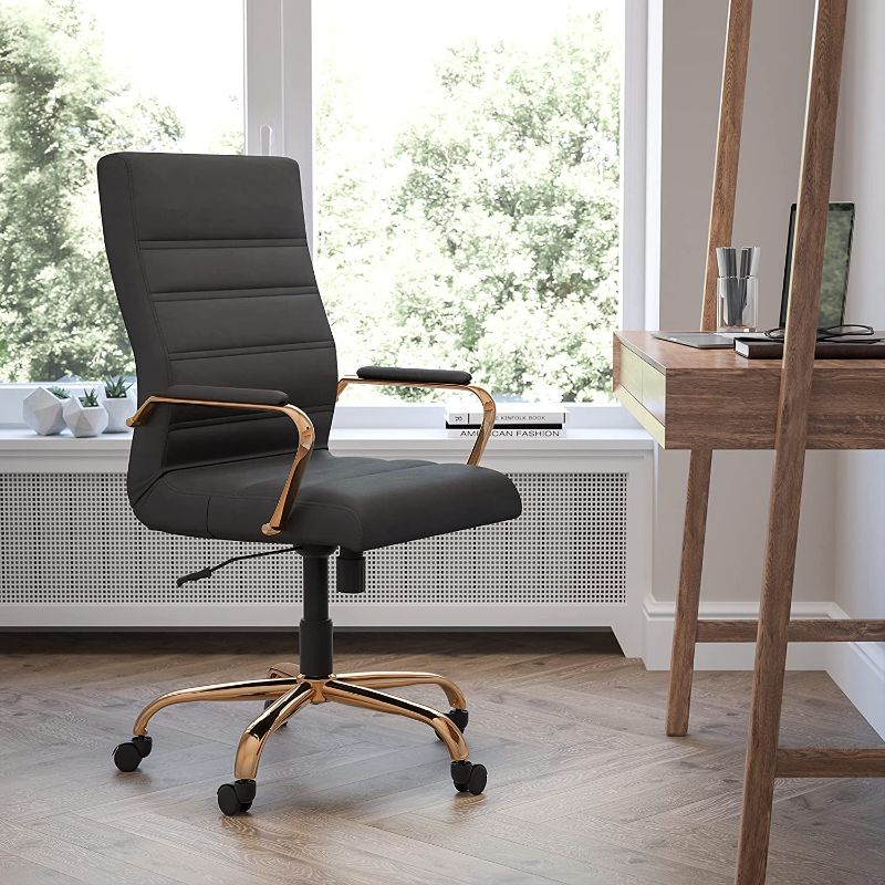 Photo 1 of Flash Furniture High Back Black LeatherSoft Executive Swivel Office Chair with Gold Frame and Arms
