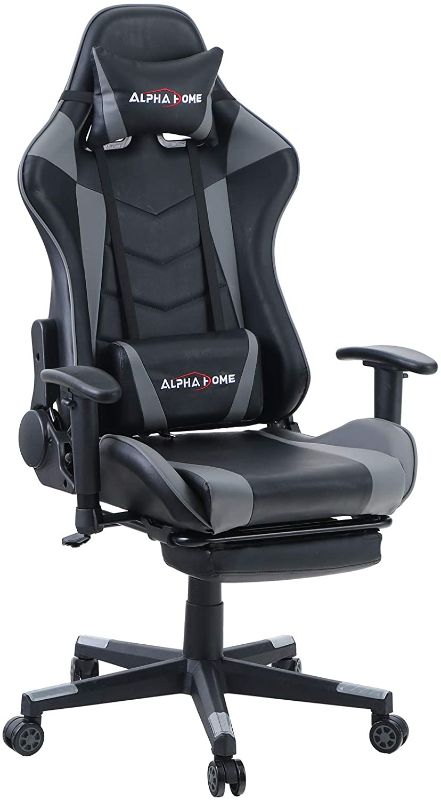 Photo 1 of ALPHA HOME Gaming Chair Ergonomic Office Chair Racing Chair with Footrest Swivel Video Game Chair Computer Game Chair with Waist Vibration Massage and Lumbar Support PU Leather Desk Chair,Black&Grey
