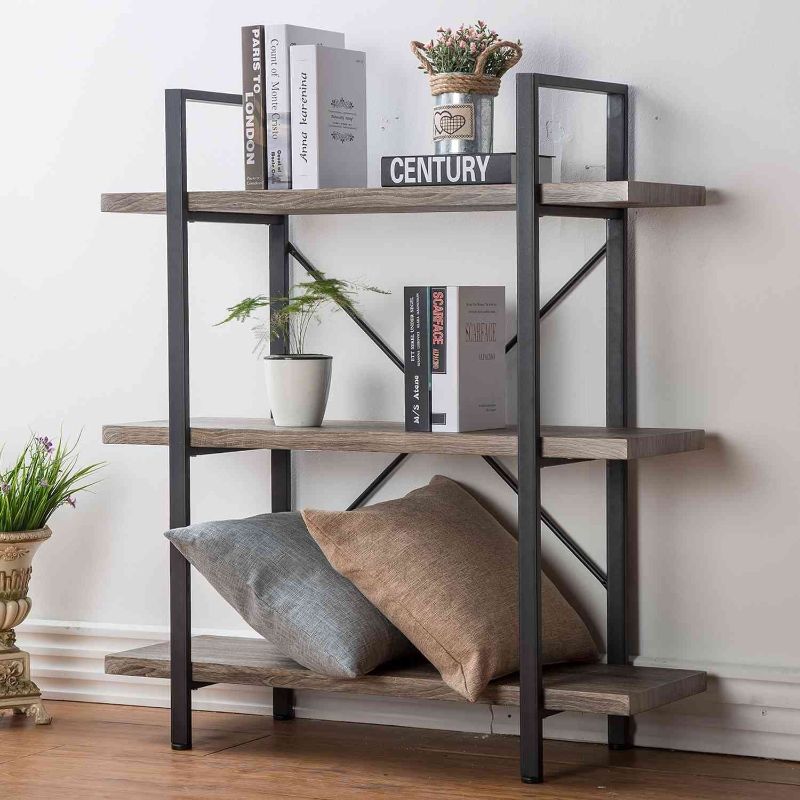 Photo 1 of HSH 3-Shelf Bookcase, Rustic Bookshelf, Vintage Industrial Metal Display and Oak