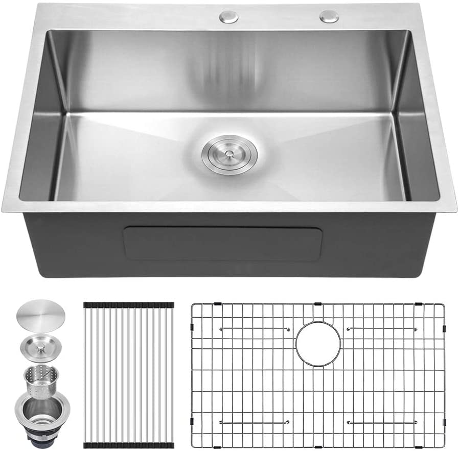 Photo 1 of 28 Drop Sink - Sarlai 28" x 22" Kitchen Sink Drop in Topmount Stainless Steel Kitchen Sink 16 Gauge Round Corner Deep Single Bowl Sink Basin
