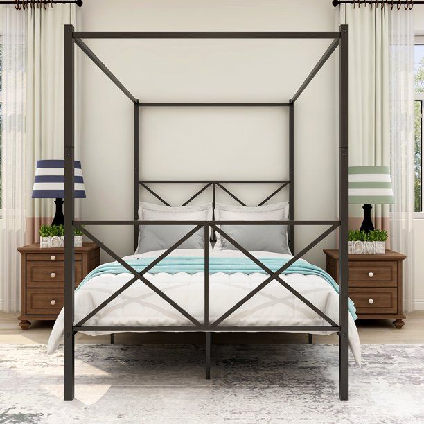 Photo 1 of 4-Post Metal Canopy Bed Frame with Headboard and Footboard, Classic Vintage Full Size Metal Canopy Bed with Sturdy Bed Frame in Black
