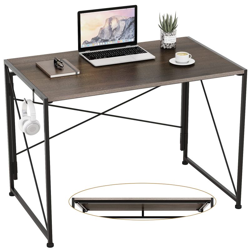 Photo 1 of Engriy Folding Computer Desk 40", Foldable Table with 2 Hooks No-Assembly, Writing Desk for Home Office, Small Simple Desk Workstation for PC Laptop, Black Oak
