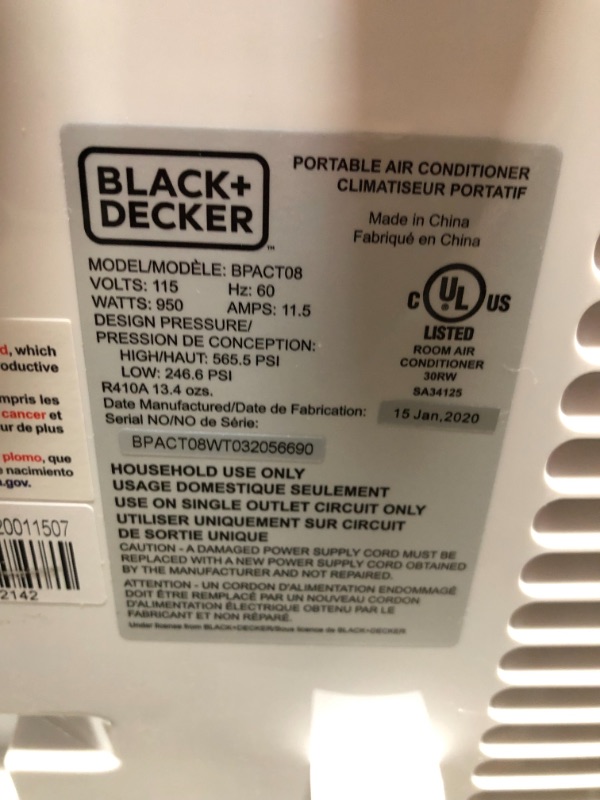 Photo 6 of *SEE last picture for damage* 
BLACK+DECKER BPACT08WT Portable Air Conditioner with Remote Control, 5,000 BTU DOE (8,000 BTU ASHRAE), Cools Up to 150 Square Feet, White
