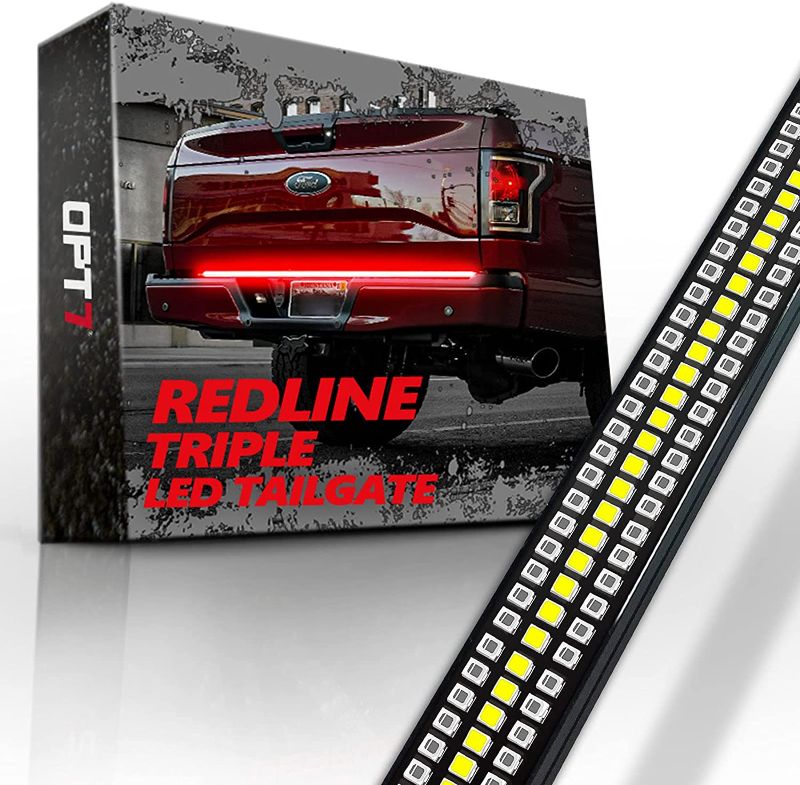 Photo 1 of *USED*
*UNKNOWN what or if anything is missing* 
OPT7 60" Redline Triple LED Tailgate Light Bar w/Sequential RED Turn Signal - 1,200 LED Solid Beam - Weatherproof No Drill Install - Full Function Reverse Brake Running
