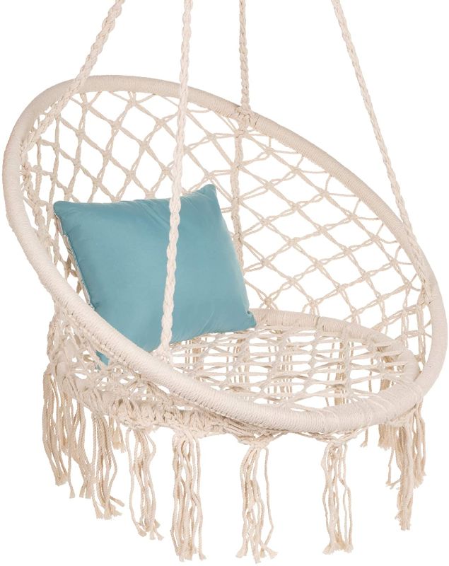 Photo 1 of *USED*
*MISSING pillow* 
Best Choice Products Handwoven Cotton Macramé Hammock Hanging Chair Swing for Indoor & Outdoor Use w/Backrest, Fringe Tassels, 265 Pound Capacity - Beige
