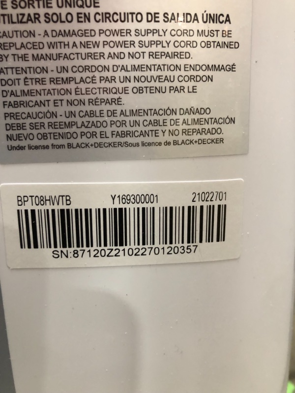 Photo 7 of *SEE notes*
BLACK+DECKER BPT08WTB Portable Air Conditioner with Remote Control, 8,000 BTU SACC/CEC (12,500 BTU ASHRAE), Cools Up to 350 Square Feet, White
