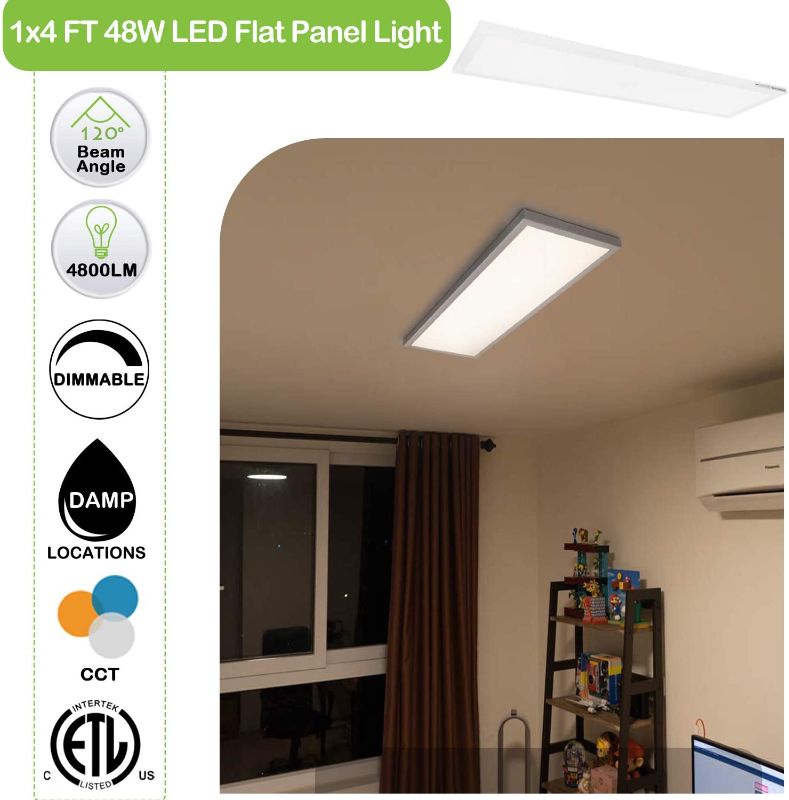 Photo 1 of Hykolity 1x4 FT LED Flat Panel Selectable CCT Flush Mount Light,4800lm,48W Dimmable Ultra Slim Edge-Lit Ceiling Light, 3000K/4000K/5000K Built-in Driver Surface Mount Lights for Kitchen Garage
