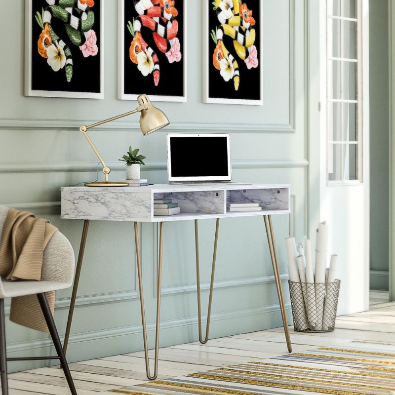 Photo 1 of Athena Computer Desk with Storage Marble White - Novogratz