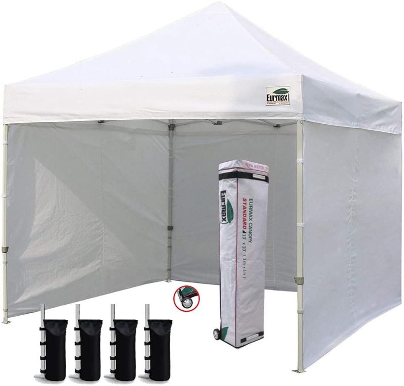 Photo 1 of Eurmax 10'x10' Ez Pop-up Canopy Tent Commercial Instant Canopies with 4 Removable Zipper End Side Walls and Roller Bag, Bonus 4 SandBags(White)