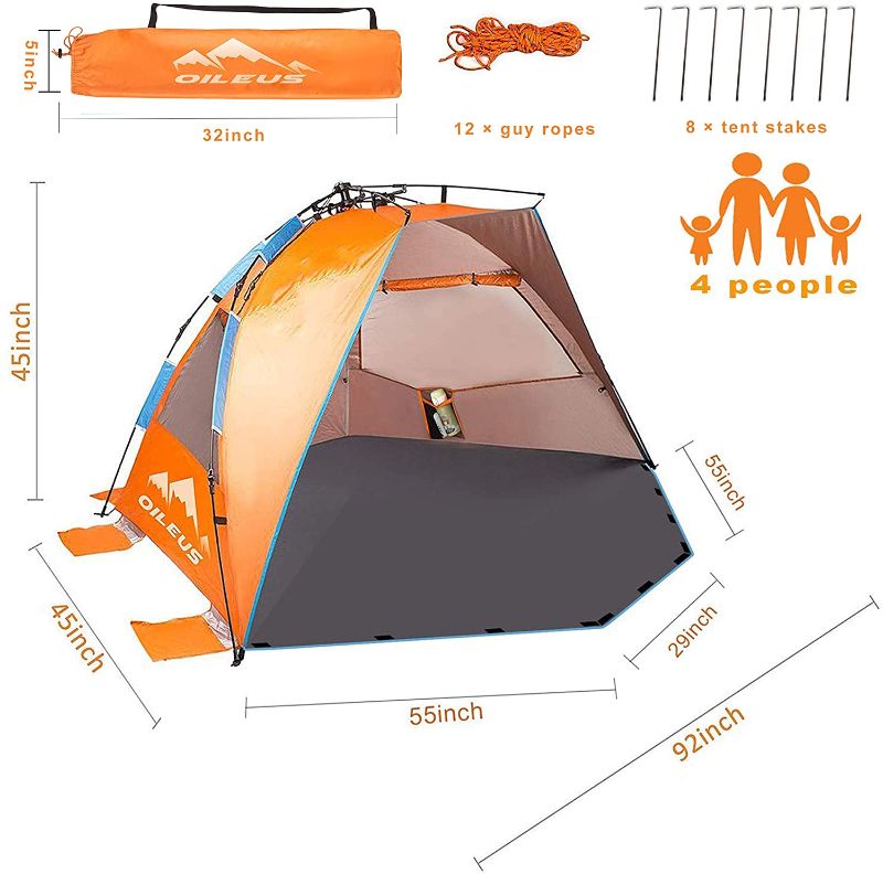 Photo 1 of Oileus X-Large 4 Person Beach Tent Sun Shelter - Portable Sun Shade Instant Tent for Beach with Carrying Bag, Stakes, 6 Sand Pockets, Anti UV for Fishing Hiking Camping, Waterproof Windproof, Orange