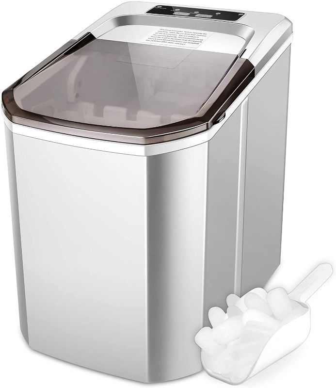 Photo 1 of Nictemaw Ice Maker Machine Countertop, Portable Compact Ice Cube Makers, Make 26 lbs ice in 24 hrs,9 Cubes Rready in 5-6 Mins with Ice Scoop and Basket for Home/Office/Bar (Silver) POWERS ON