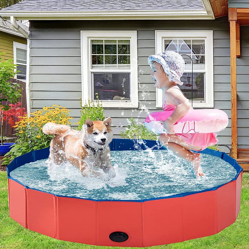 Photo 1 of Foldable 63in Dog Pool Kiddie Pool, Hard PVC XXL Plastic Pool Wading Pool for Medium Large Dogs Cats Kids and Ducks for Indoor and Outside, Red