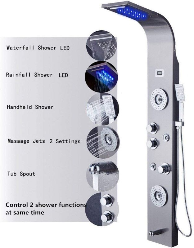 Photo 1 of ELLO&ALLO Stainless Steel Shower Panel Tower System,LED Rainfall Waterfall Shower Head 6-Function Faucet Rain Massage System with Body Jets, Brushed Nickel