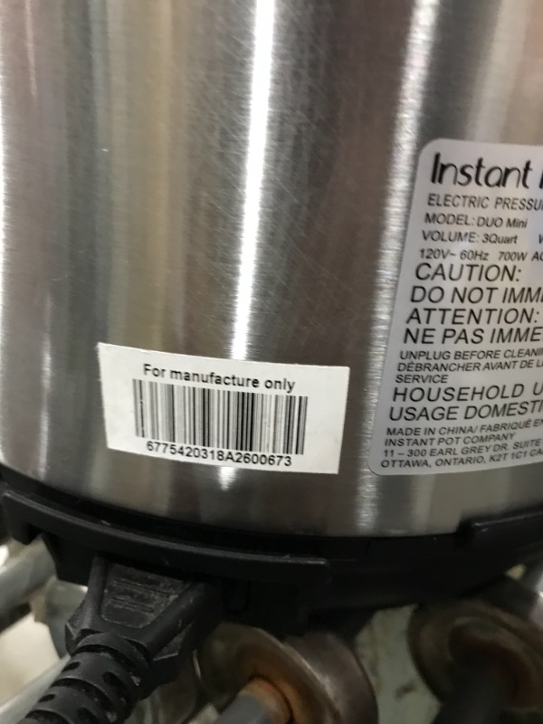 Photo 2 of Instant Pot Duo Mini 3 Qt 7-in-1 Multi- Use Programmable Pressure Cooker, Slow Cooker, Rice Cooker, Steamer, Sauté, Yogurt Maker and Warmer
PARTS ONLY