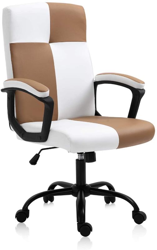 Photo 1 of KERMS Mid-Back Ergonomic Office Faux PU Leather Chair Executive Computer Desk Chairs Managerial Executive Chairs with Metal Base and Padded Armrests (Khaki & White)
