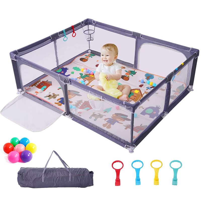 Photo 1 of Baby Playpen with Mat, 63x78 Inches Baby Playpen for Toddler, Indoor & Outdoor Kids Activity Center, Extra Large Playard with 50 Ocean Balls, Storage Bag for Baby Age 6+ Months-5 Years
