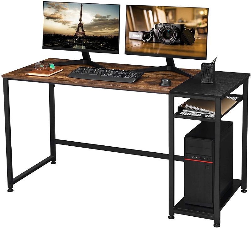 Photo 1 of BEWISHOME Office Computer Desks for Home 47 Inch Study Desk with Height Adjustable Storage Shelf Writing Table Rustic Brown and Black Modern Simple Style BBZ21Z
