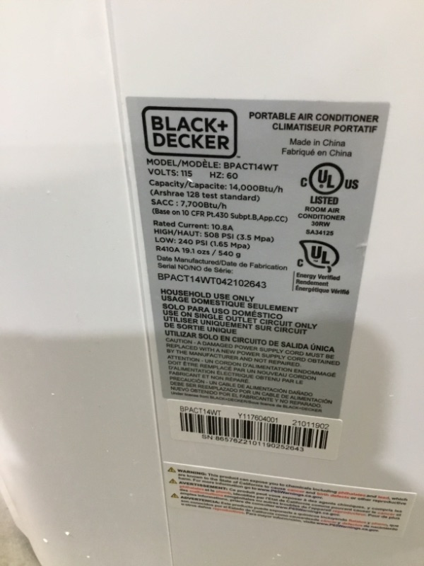 Photo 1 of BLACK+DECKER 8,000 BTU DOE (14,000 BTU ASHRAE) Portable Air Conditioner with Remote Control, White