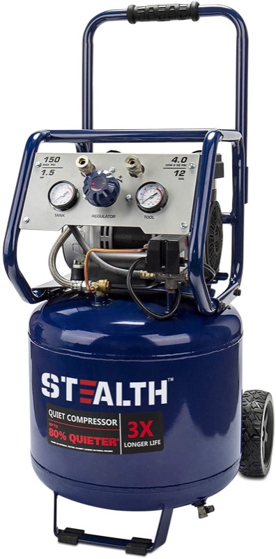 Photo 1 of Stealth 12 Gallon Ultra Quiet Air Compressor, 1.5 HP Oil-Free Peak 150 PSI 68 Decibel Air Pump, 4 CFM @ 90 PSI, Long Life Electric Air Compressor W/Wheels for Garage, Workshop, Jobsite