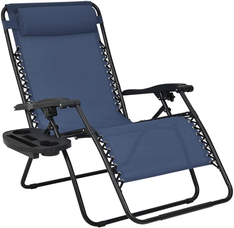 Photo 1 of Patio Watcher Oversized Zero Gravity Chair Folding Recliner Chair with Cup Holder Accessory Tray and Removable Pillow for Outdoor Yard Porch Navy 1 Chair
