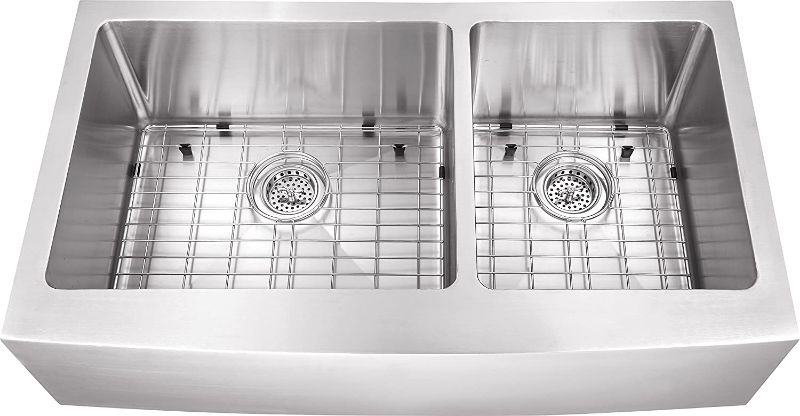 Photo 1 of 0263AP 36"x20"x10" 60/40 Farmhouse Apron Front Farm House 16 Gauge Double Bowl Stainless Steel Sink INCLUDES Grid Set and Strainers
